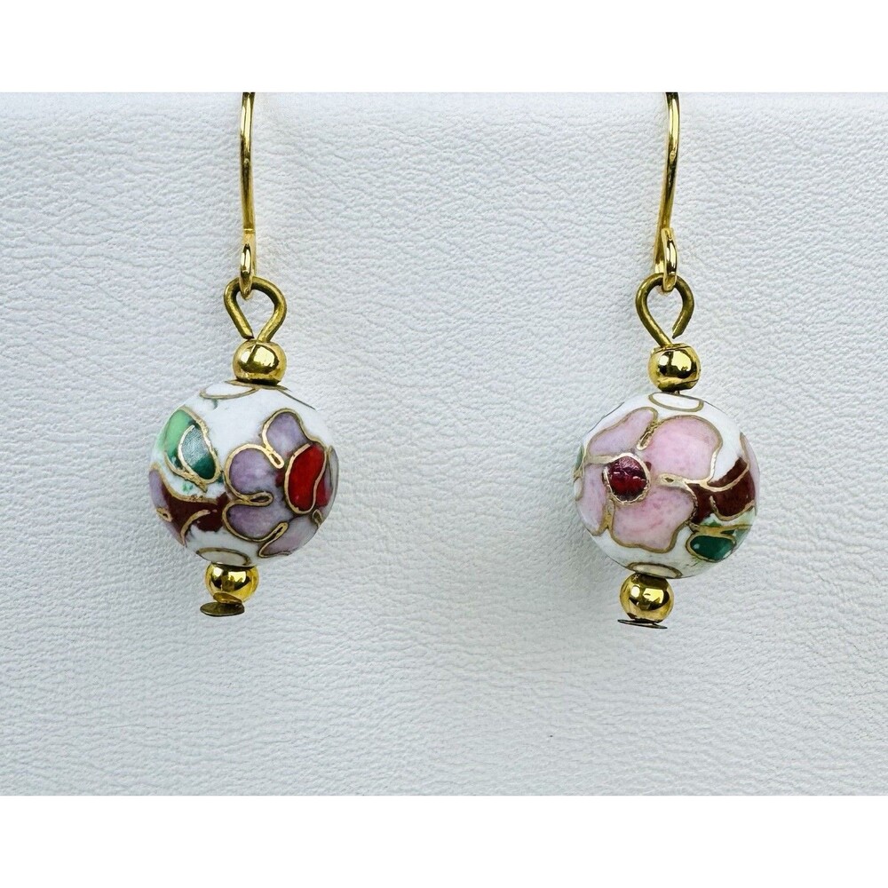 Vintage Gold Tone Cloisonne Enamel Floral Ball Dangle Earrings 1” Fall
